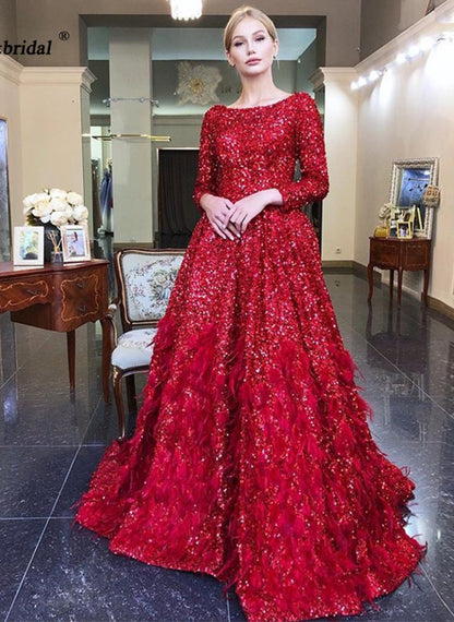 Leanah Luxury Feather Sequin Gown-Ruby Red