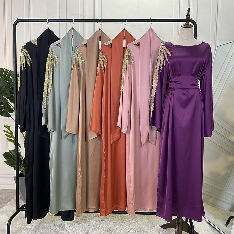 Zaibah Satin Dress-Gold Embroidery