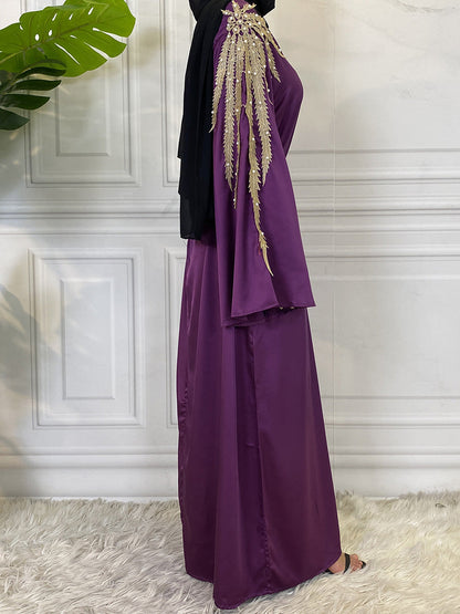 Zaibah Satin Dress-Gold Embroidery