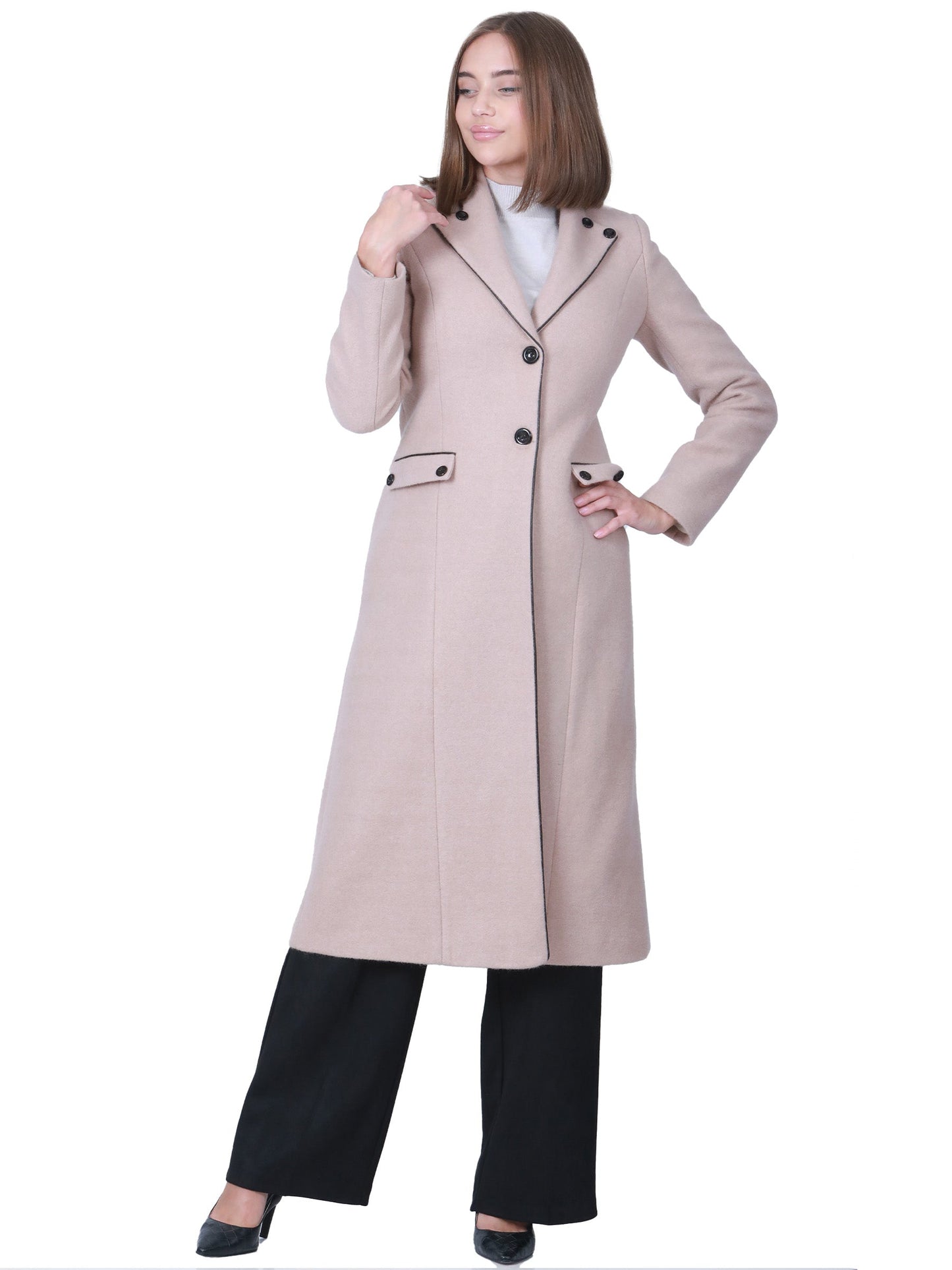 Women's long winter jacket with black buttons