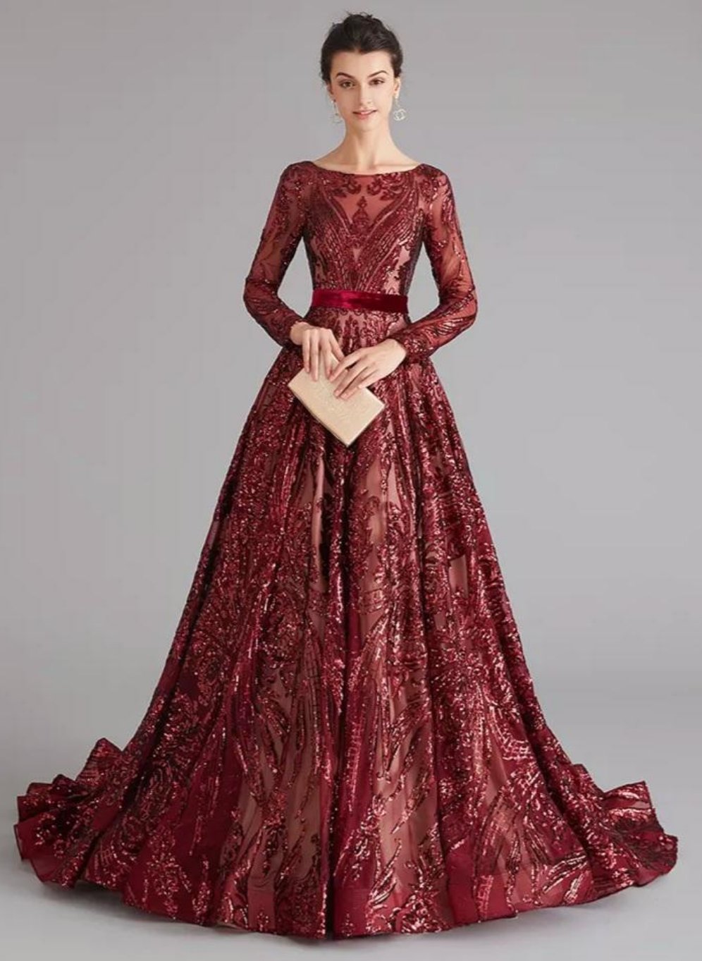 Liza Sequin Evening Gown-Maroon