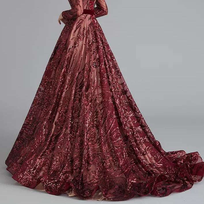 Liza Sequin Evening Gown-Maroon
