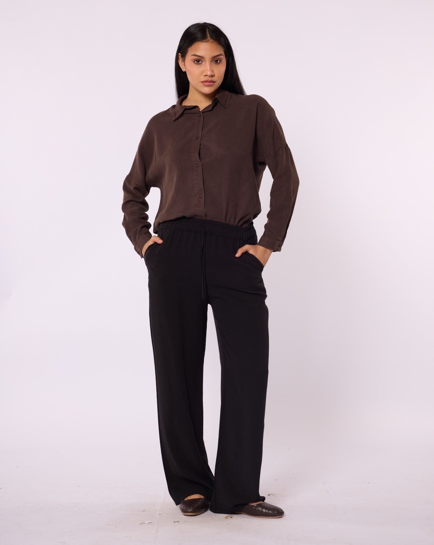 Relaxed Fit Tencel Fabric Trousers with Elastic Waist