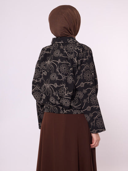 Printed Polo Collar Jacket with Pleat Detail