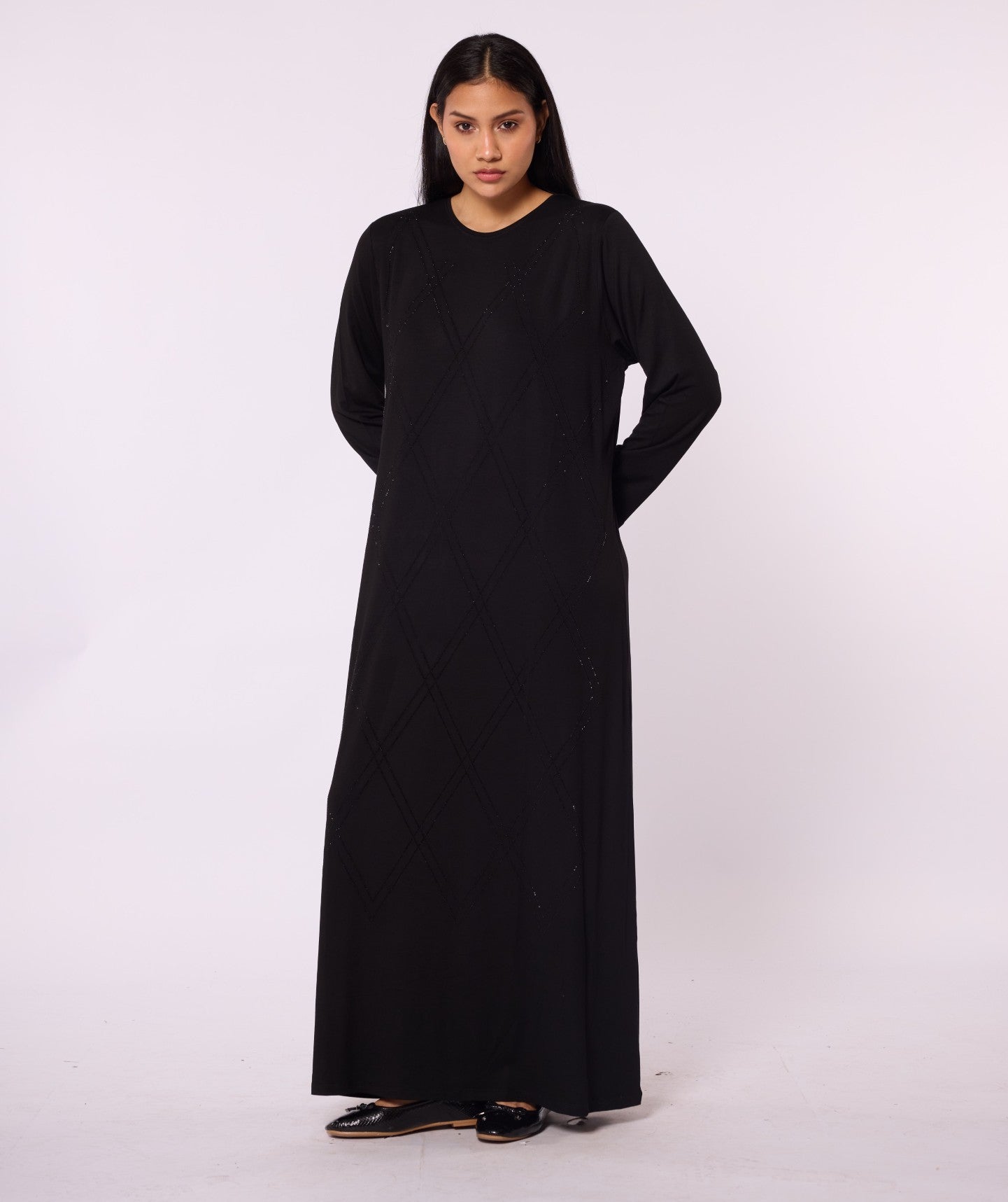 Long Diamond Patterned Dress with Stone Detail