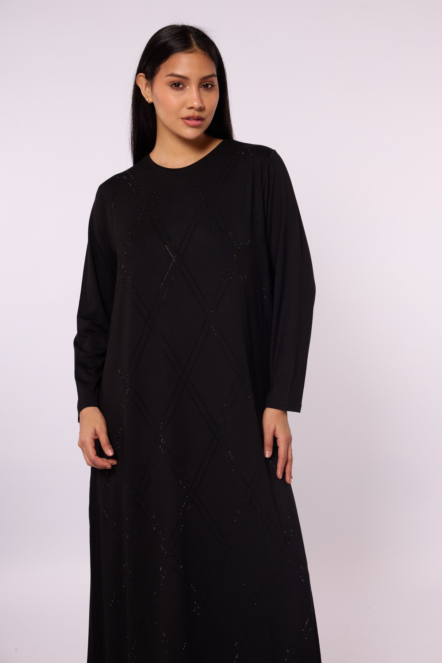 Long Diamond Patterned Dress with Stone Detail