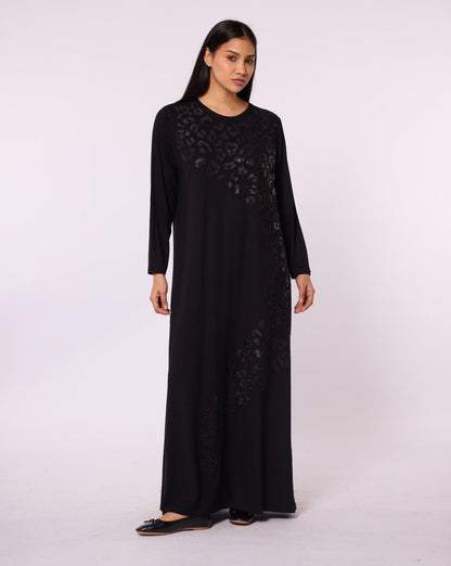 Long Leopard Patterned Dress with Stone Embellishment