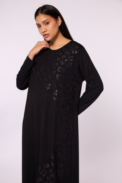 Long Leopard Patterned Dress with Stone Embellishment