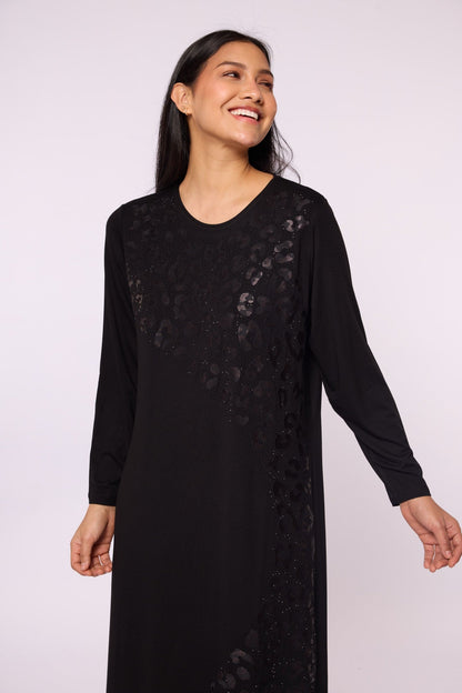 Long Leopard Patterned Dress with Stone Embellishment