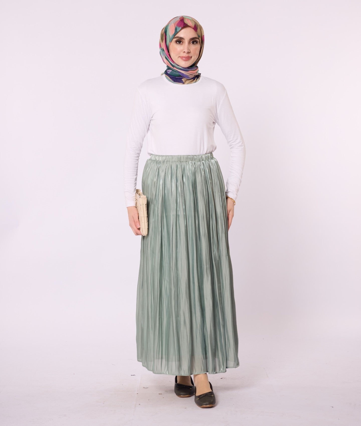 Elastic Waist Pleated Satin Skirt