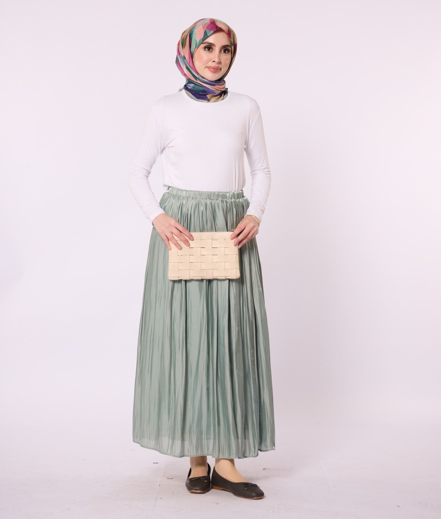 Elastic Waist Pleated Satin Skirt
