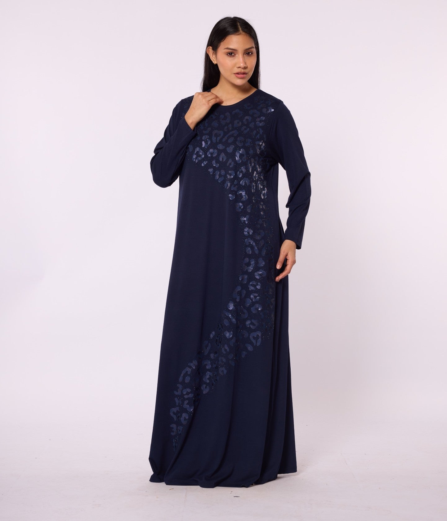 Long Leopard Patterned Dress with Stone Embellishment