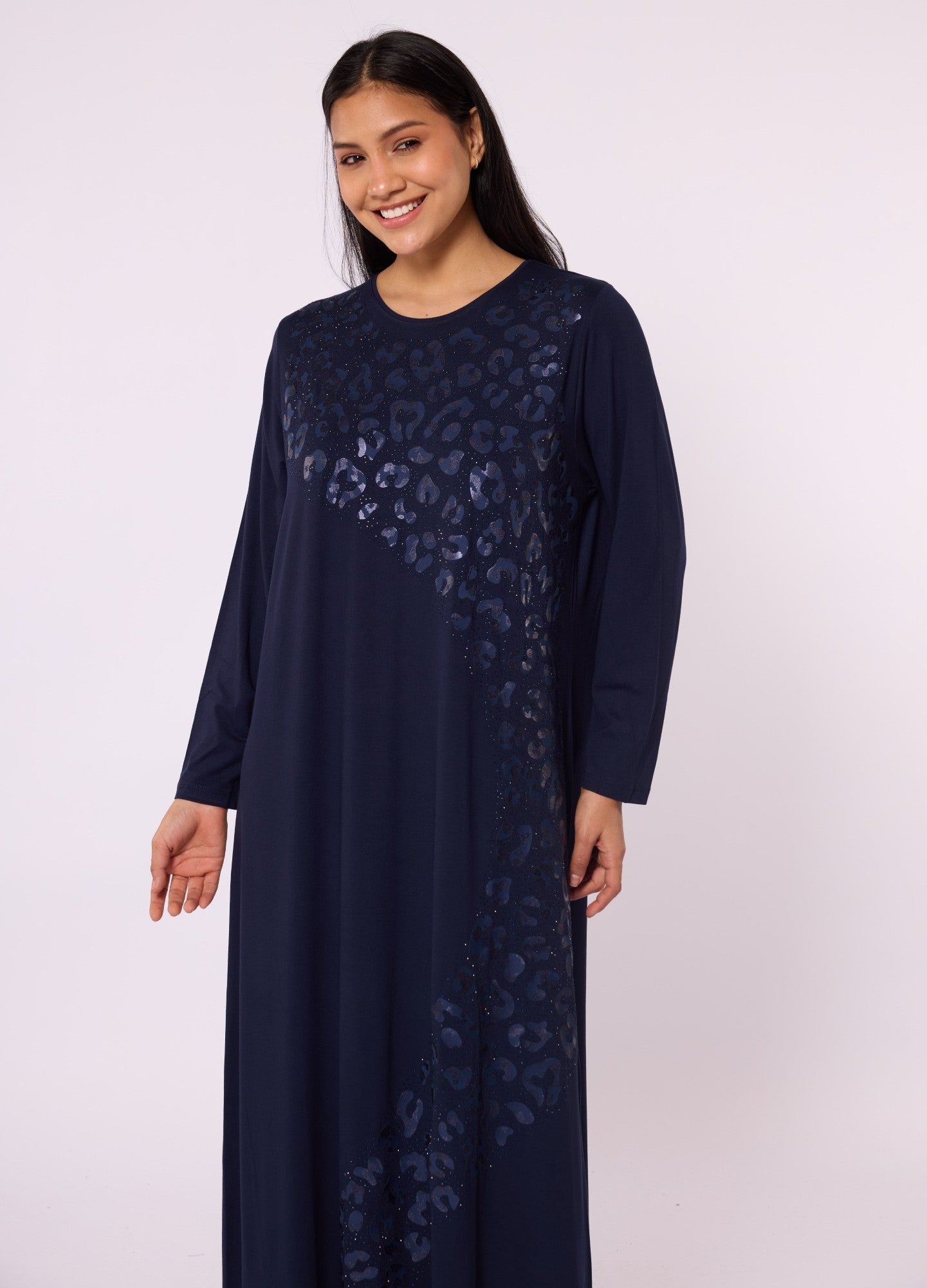 Long Leopard Patterned Dress with Stone Embellishment