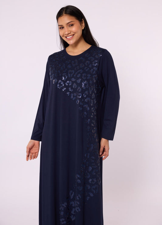 Long Leopard Patterned Dress with Stone Embellishment