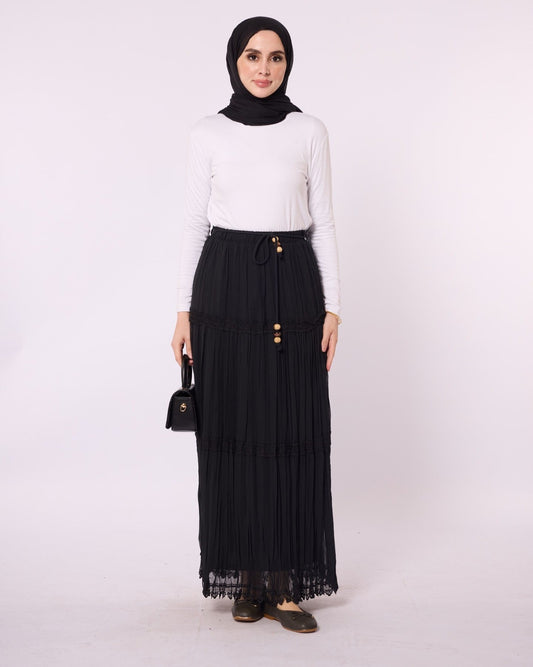 Pleated Chiffon Skirt with Lace Embroidery Detail