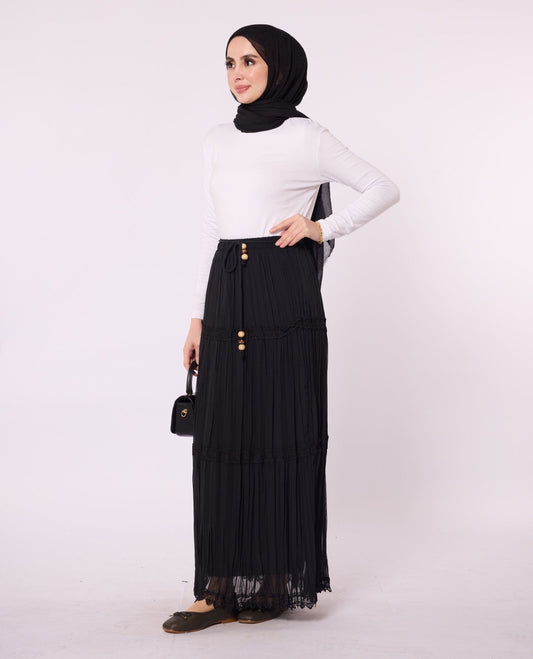 Pleated Chiffon Skirt with Lace Embroidery Detail