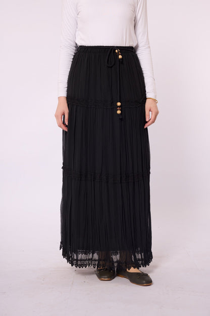 Pleated Chiffon Skirt with Lace Embroidery Detail