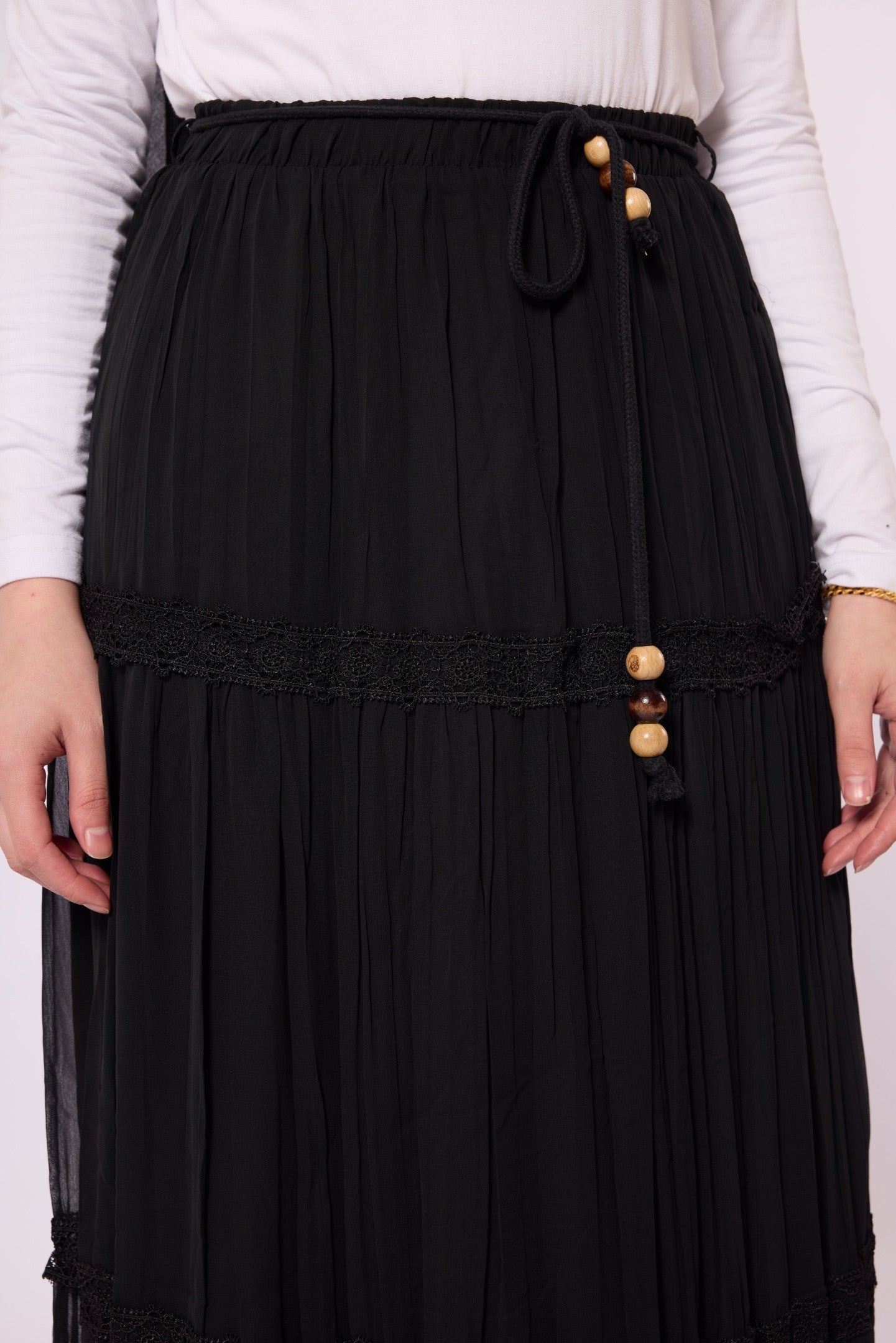 Pleated Chiffon Skirt with Lace Embroidery Detail