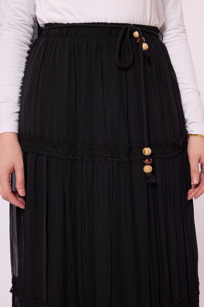 Pleated Chiffon Skirt with Lace Embroidery Detail