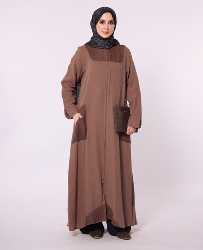 Zip-Up Abaya with Lace Detail and Crew Neck