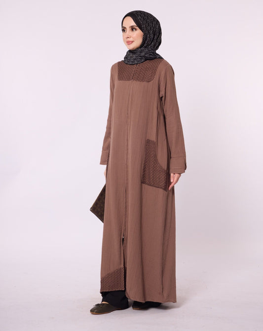 Zip-Up Abaya with Lace Detail and Crew Neck