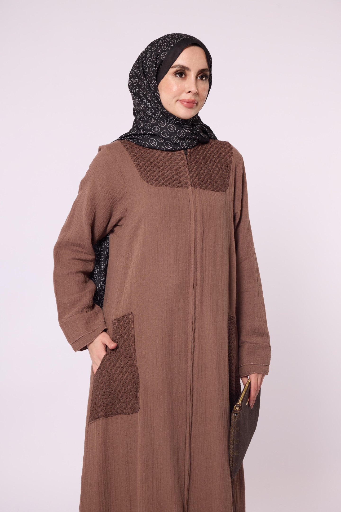 Zip-Up Abaya with Lace Detail and Crew Neck