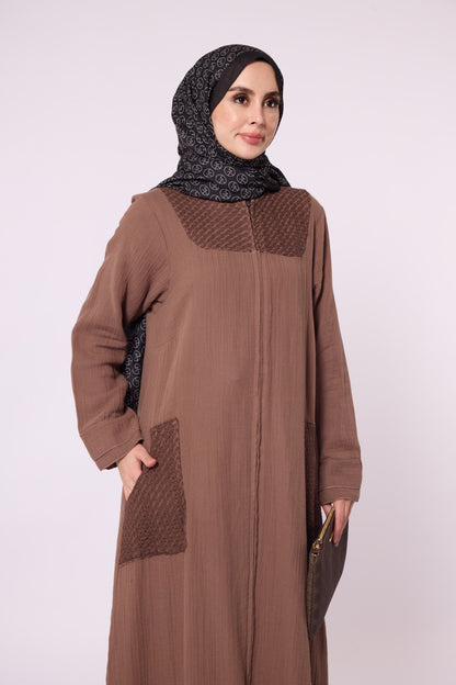 Zip-Up Abaya with Lace Detail and Crew Neck
