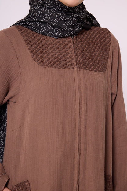Zip-Up Abaya with Lace Detail and Crew Neck