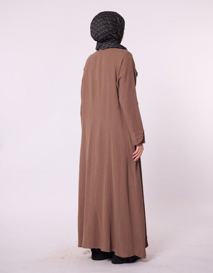 Zip-Up Abaya with Lace Detail and Crew Neck