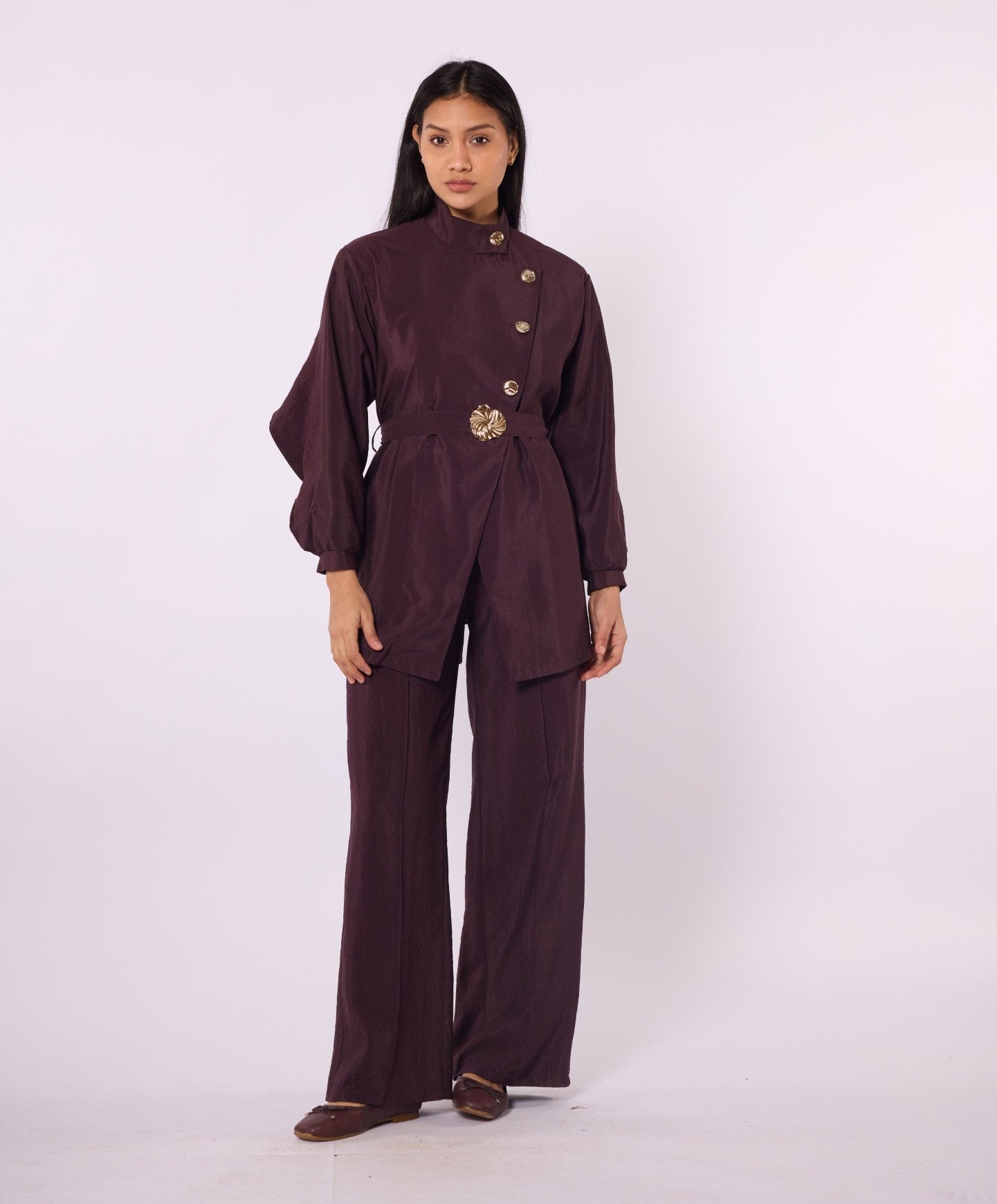 Mandarin Collar Set with Gold Button and Belt Details