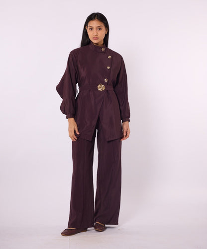 Mandarin Collar Set with Gold Button and Belt Details
