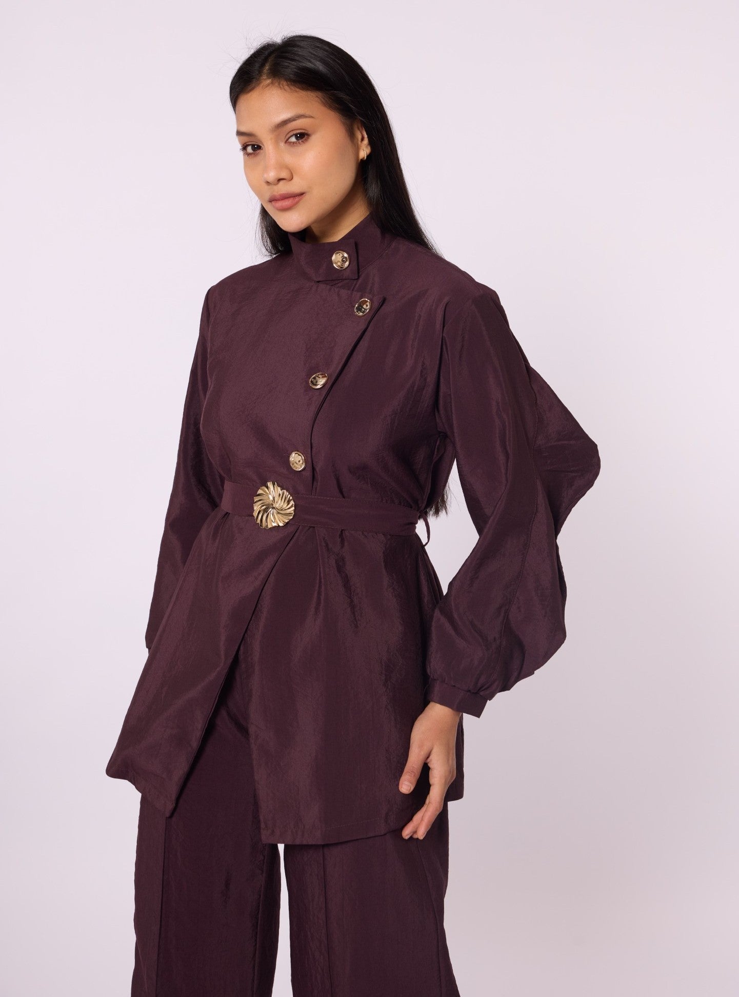 Mandarin Collar Set with Gold Button and Belt Details
