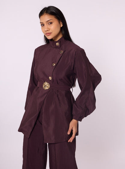 Mandarin Collar Set with Gold Button and Belt Details