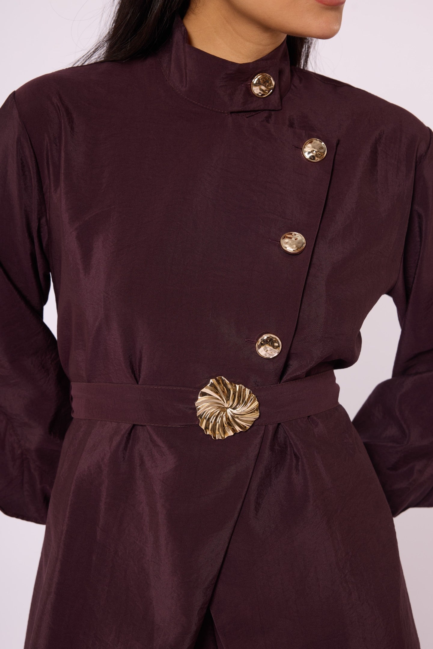 Mandarin Collar Set with Gold Button and Belt Details