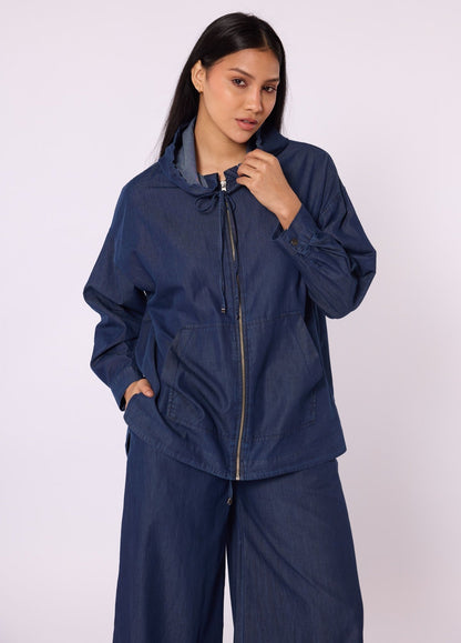 Summer Denim Trouser Set with Hood and Zipper Detail