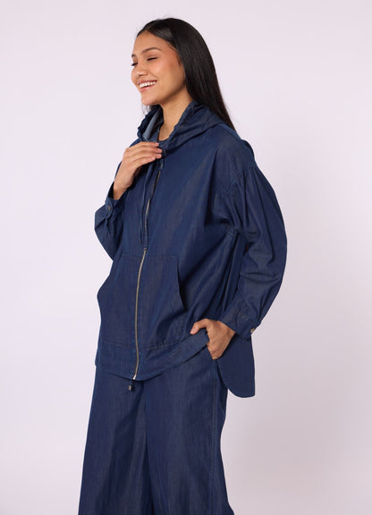 Summer Denim Trouser Set with Hood and Zipper Detail