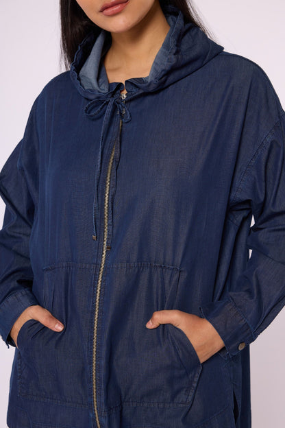 Summer Denim Trouser Set with Hood and Zipper Detail