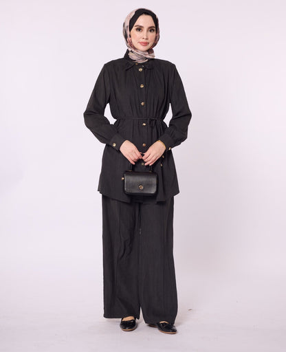 Mandarin Collar Set with Drawstring Detail and Gold Buttons