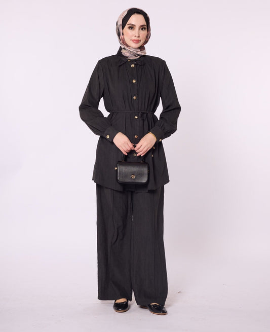Mandarin Collar Set with Drawstring Detail and Gold Buttons