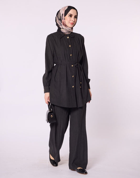 Mandarin Collar Set with Drawstring Detail and Gold Buttons