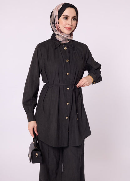 Mandarin Collar Set with Drawstring Detail and Gold Buttons