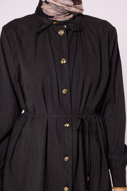 Mandarin Collar Set with Drawstring Detail and Gold Buttons