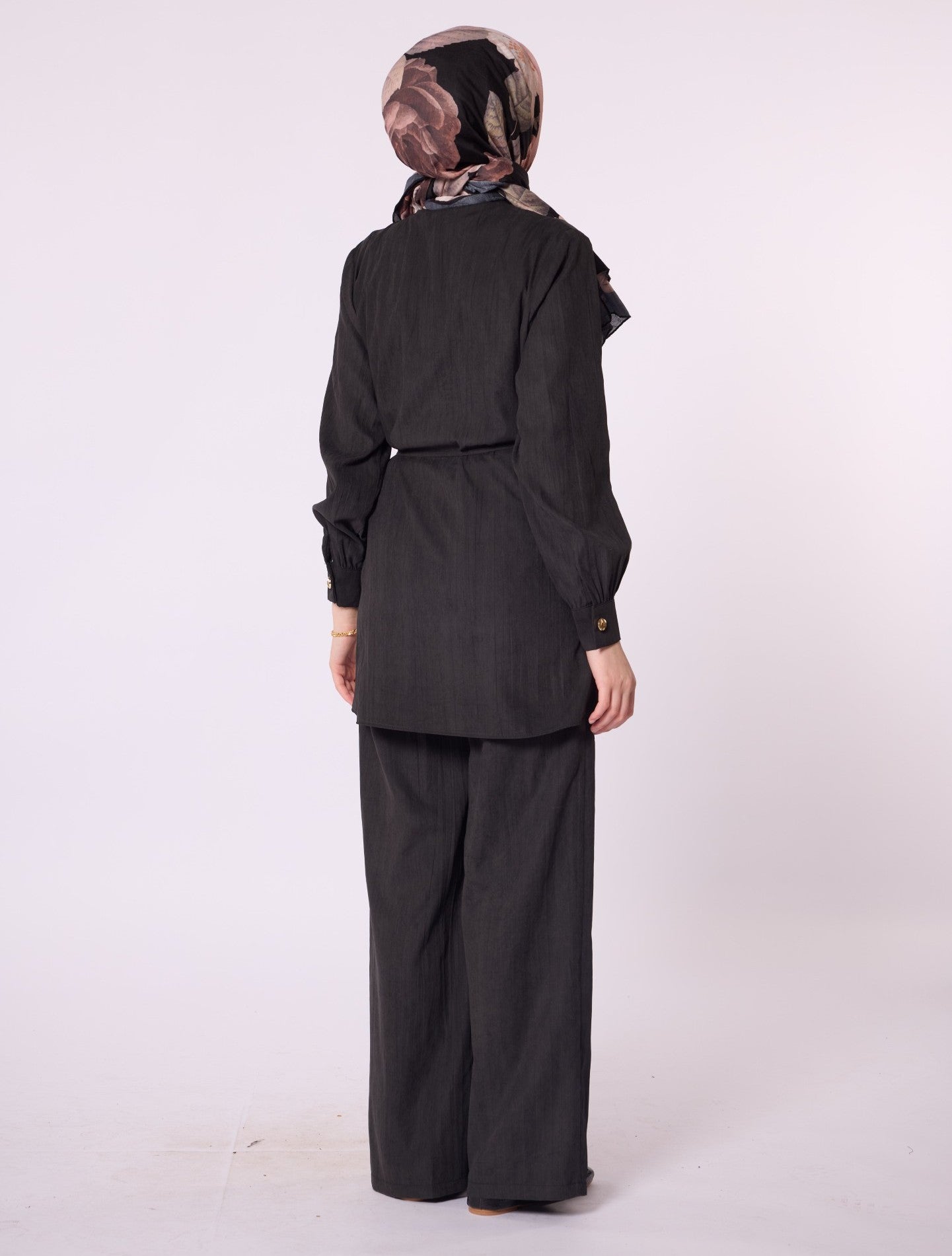 Mandarin Collar Set with Drawstring Detail and Gold Buttons