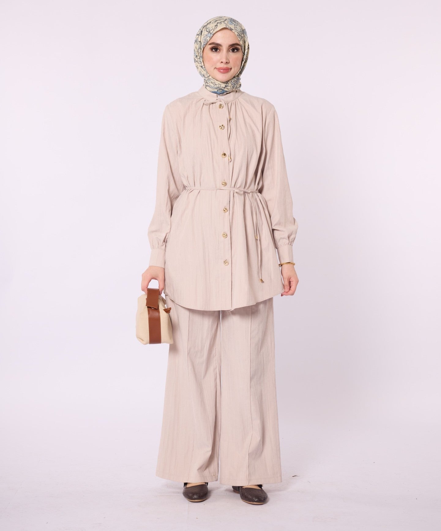 Mandarin Collar Set with Drawstring Detail and Gold Buttons