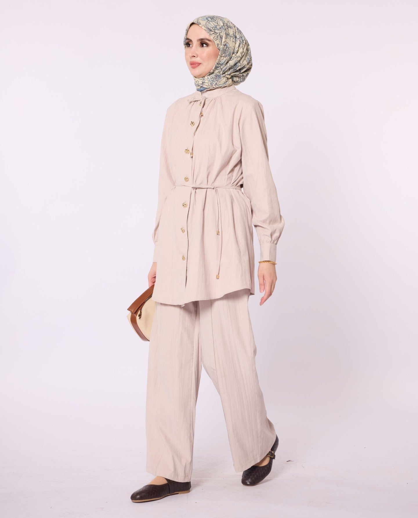 Mandarin Collar Set with Drawstring Detail and Gold Buttons