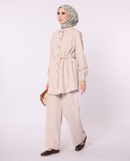 Mandarin Collar Set with Drawstring Detail and Gold Buttons
