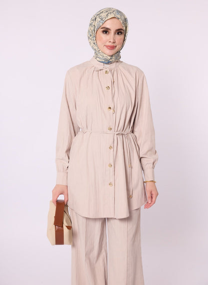 Mandarin Collar Set with Drawstring Detail and Gold Buttons