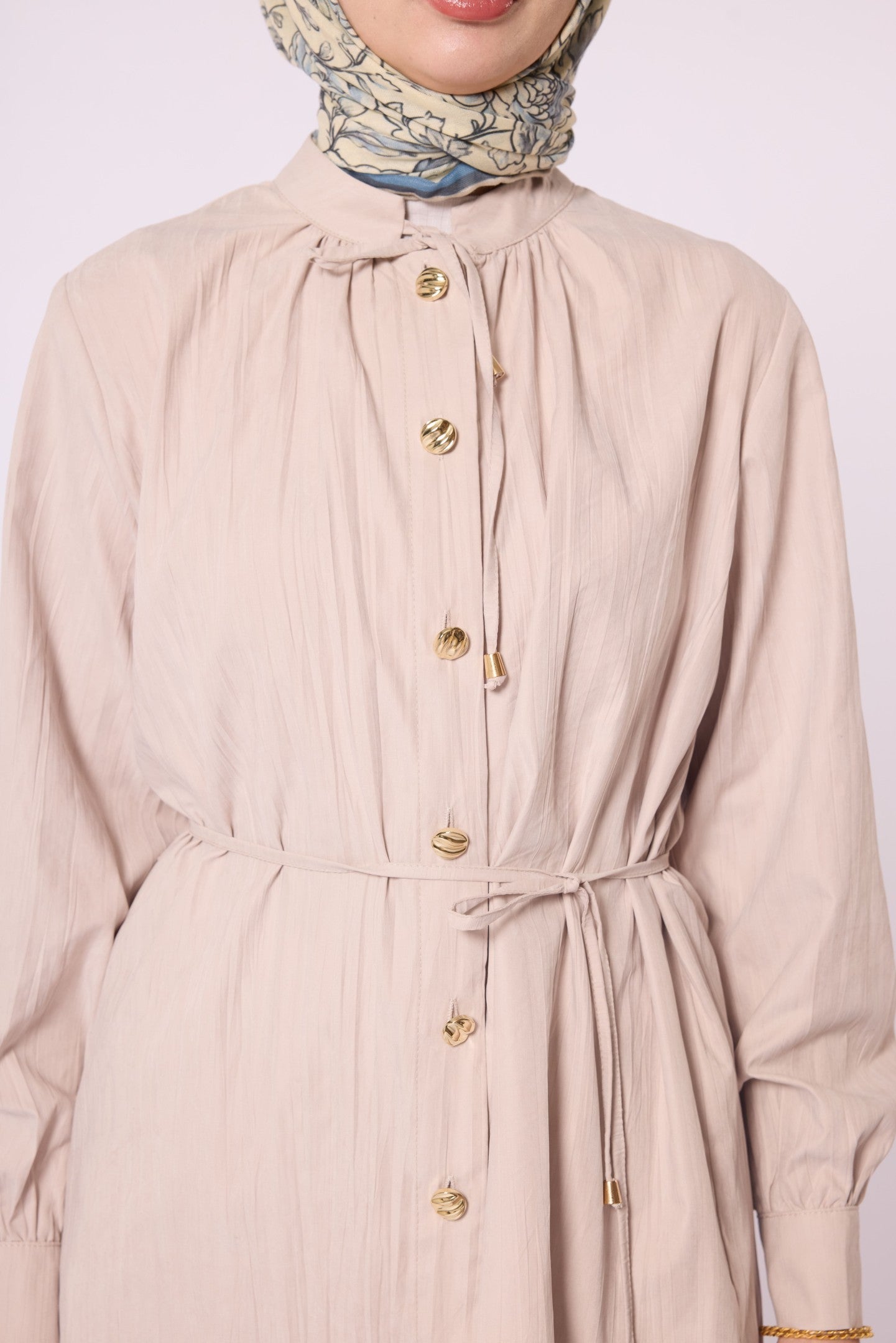 Mandarin Collar Set with Drawstring Detail and Gold Buttons