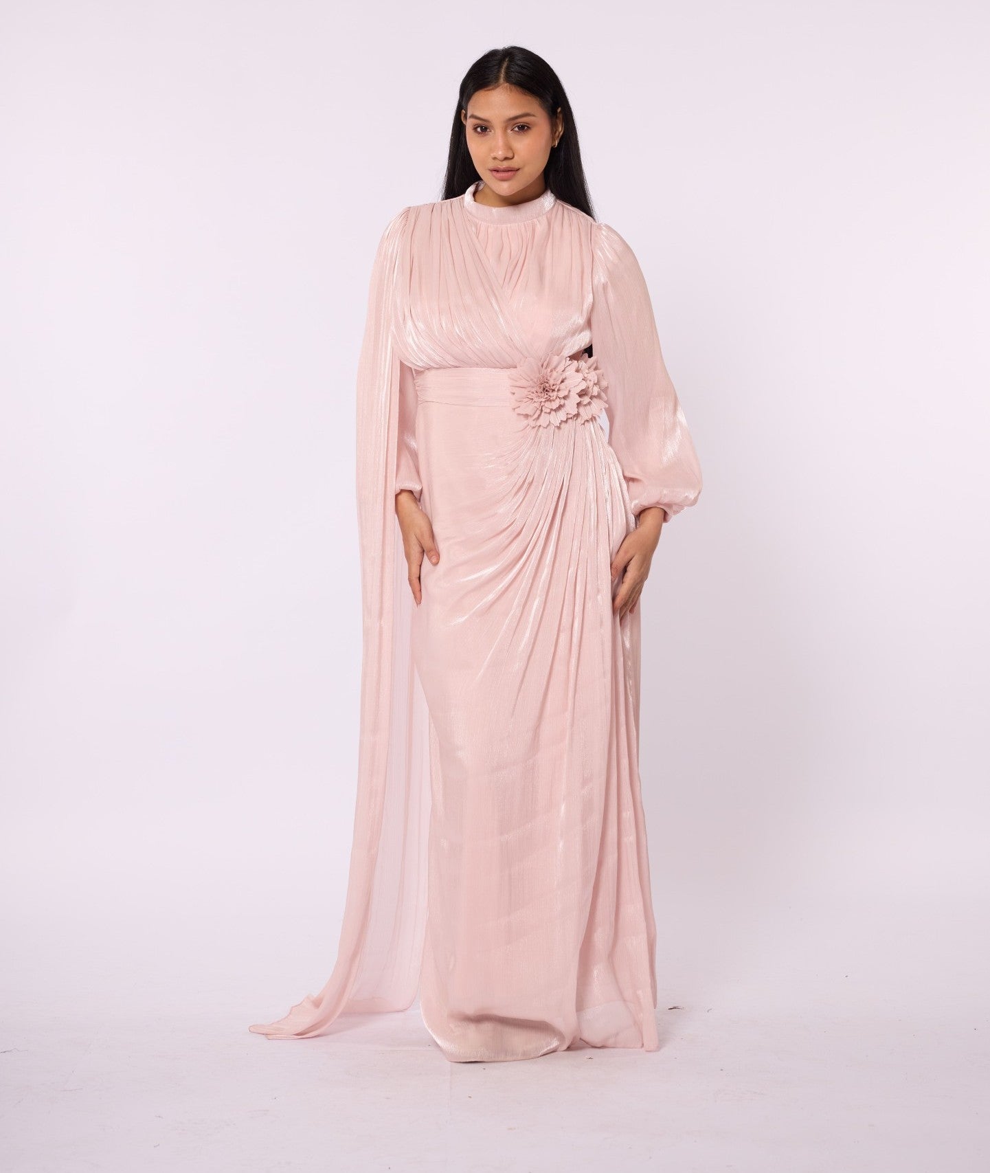 Draped Puff Sleeve Evening Dress with Flower Detail