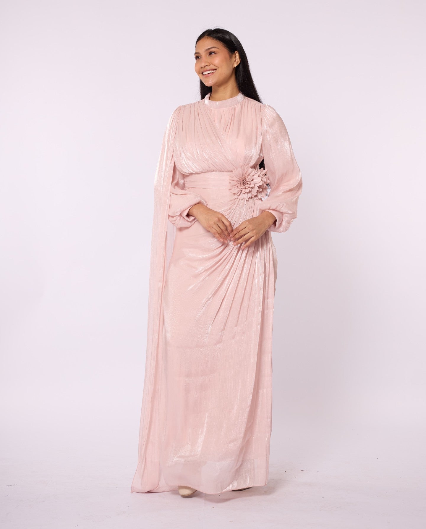 Draped Puff Sleeve Evening Dress with Flower Detail